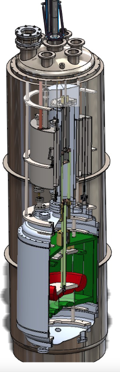 CAD cutaway of the cryogenic Cavallo test cryostat and internal high-voltage multiplier hardware
