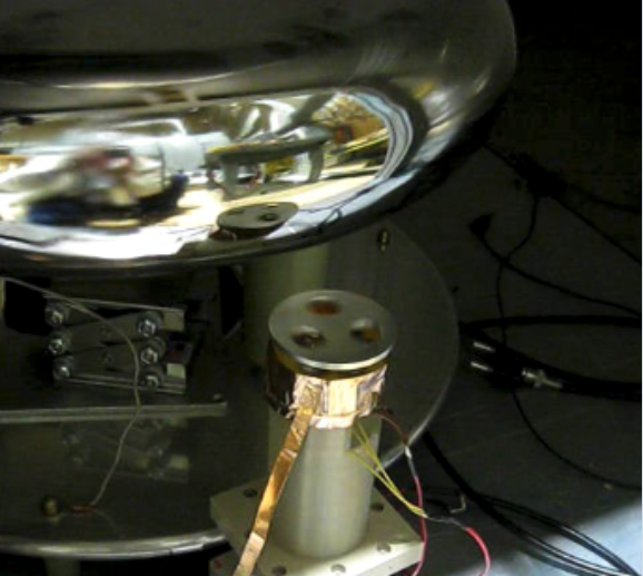 Field mill hardware positioned below the Cavallo high-voltage electrode region