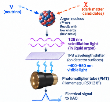 Diagram showing neutrino or dark-matter-candidate scattering in liquid argon, scintillation, TPB wavelength shifting, PMT detection and DAQ signal