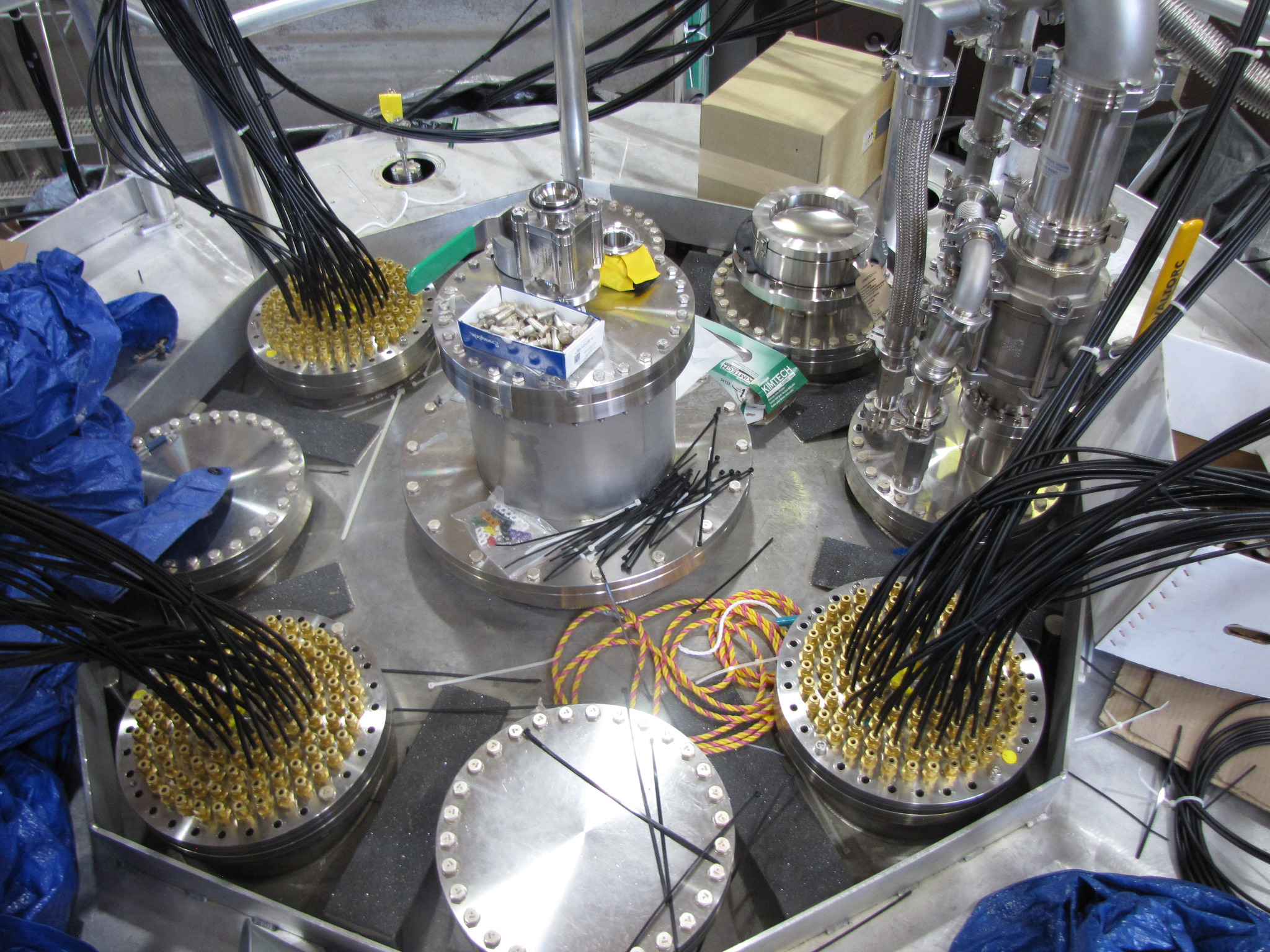 Top of CCM detector showing PMT cabling and feedthrough connections