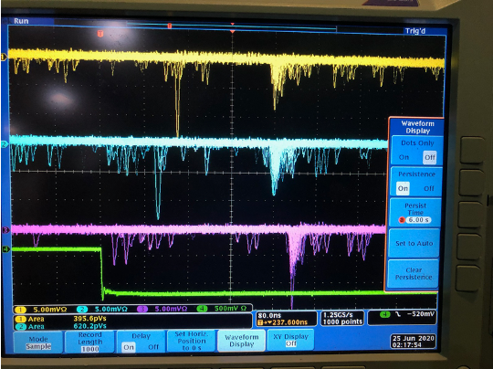 Oscilloscope waveforms during PMT testing