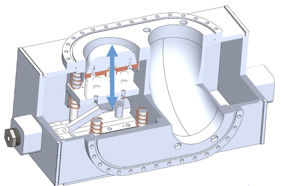 Cutaway CAD showing internal chamber hardware and vertical valve motion